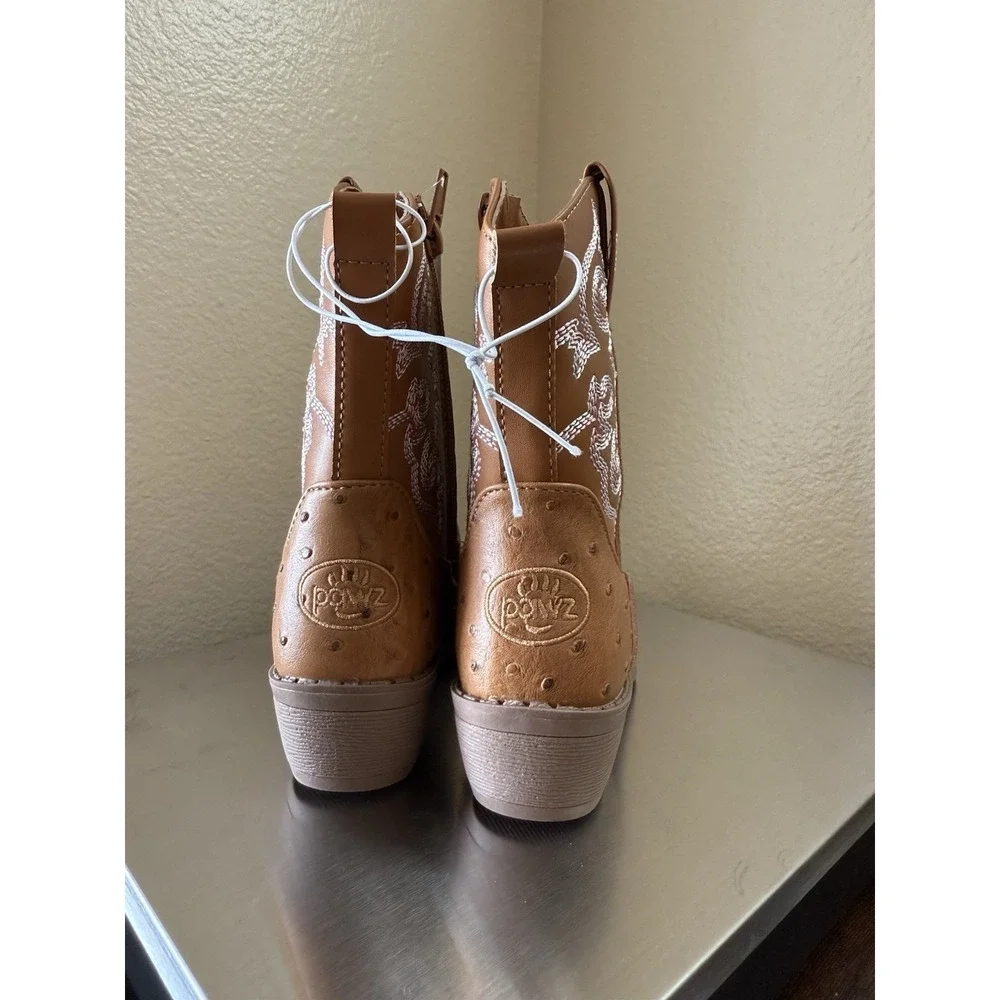 NWT PAWZ Girls Sz 12 Faux Ostrich Cowgirl Boots Brown Pink Heart Stitch Western